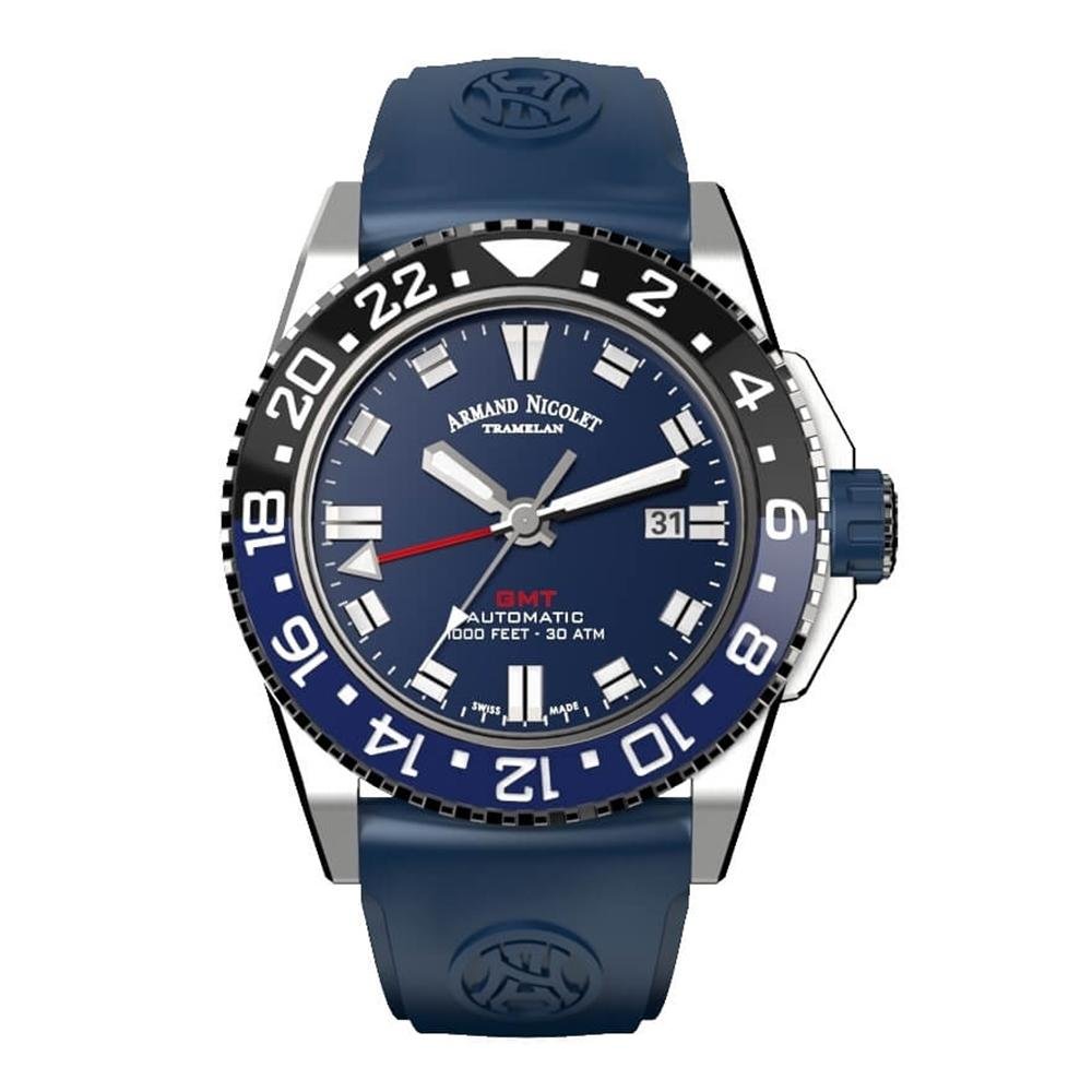 Armand Nicolet JS9-44 GMT Black and Blue Bezel - Watches & Crystals
