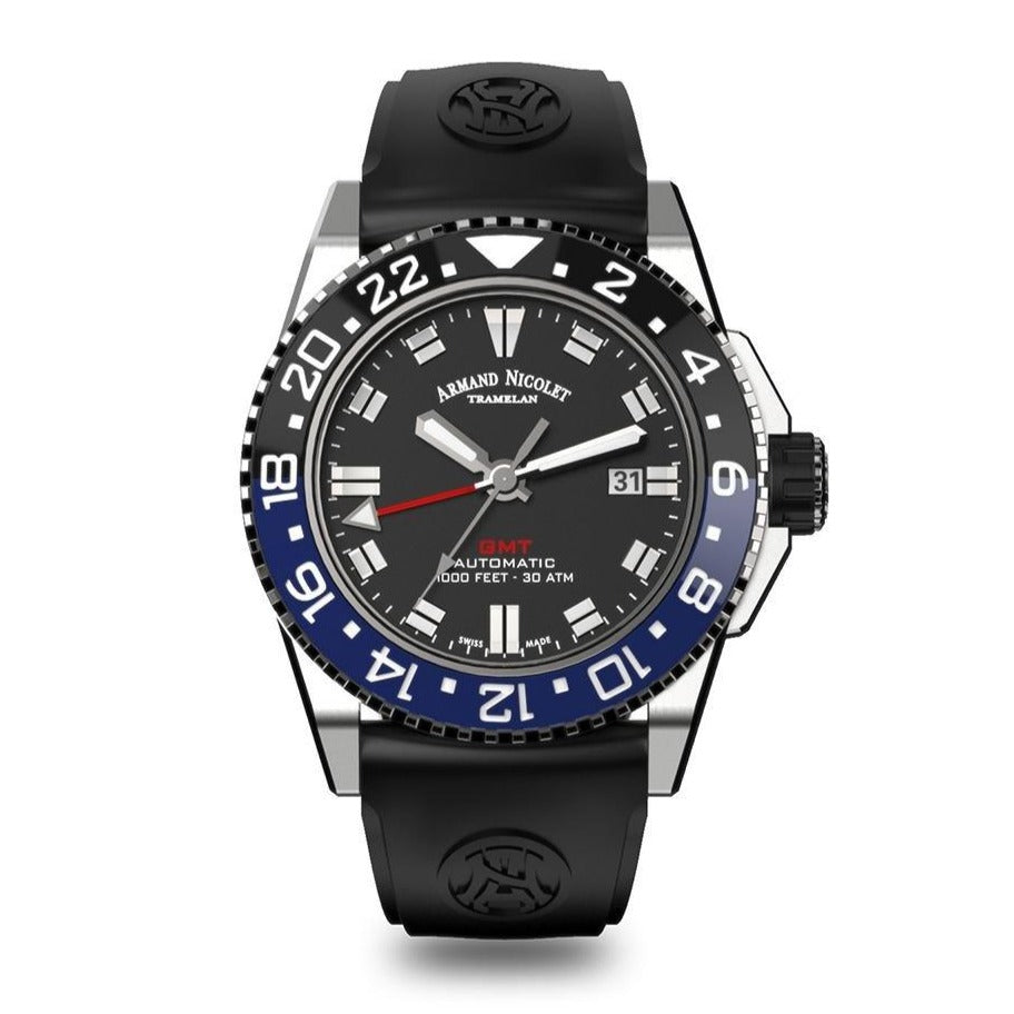 Armand Nicolet JS9-44 GMT Black Stainless Steel - Watches & Crystals
