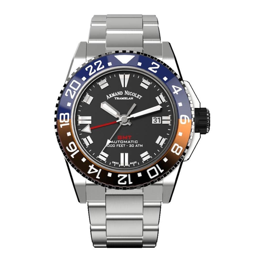 Armand Nicolet JS9-44 GMT Black Stainless Steel Red and Blue Bezel - Watches & Crystals