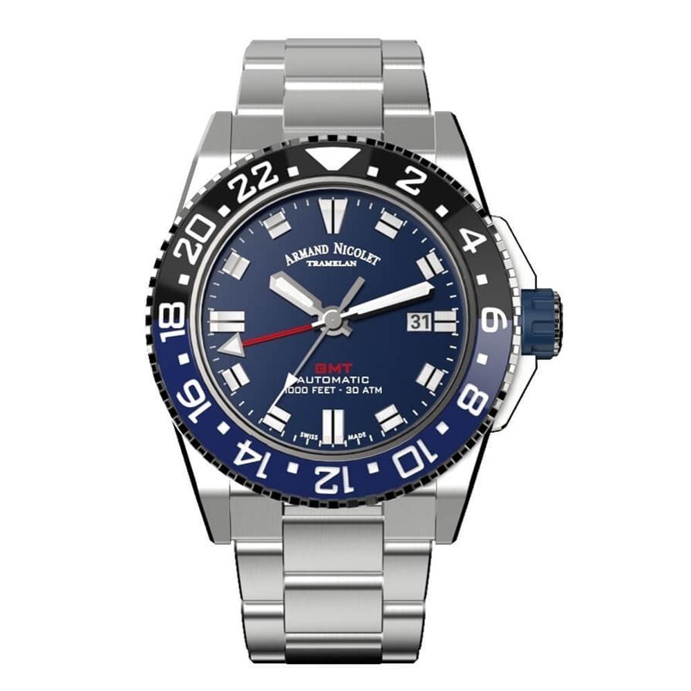 Armand Nicolet JS9-44 GMT Blue Stainless Steel Black and Blue Bezel - Watches & Crystals