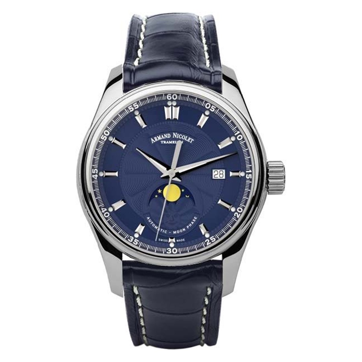 Armand Nicolet Men's MH2 Automatic Watch Moonphase Blue Leather - Watches & Crystals