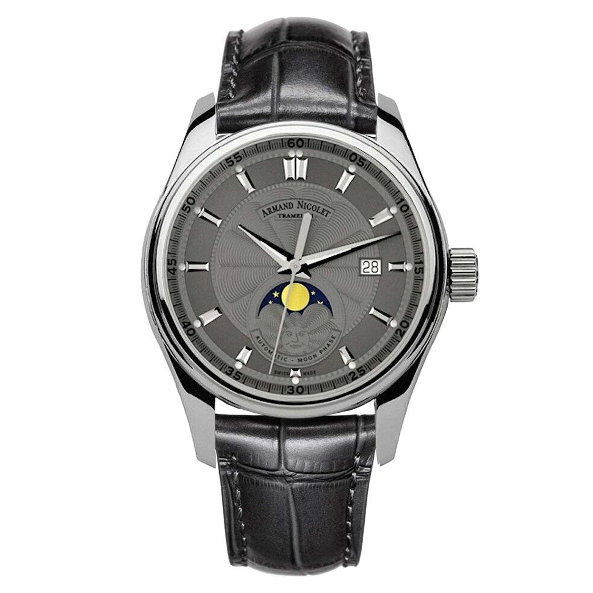 Armand Nicolet Men's MH2 Automatic Watch Moonphase Grey Leather - Watches & Crystals