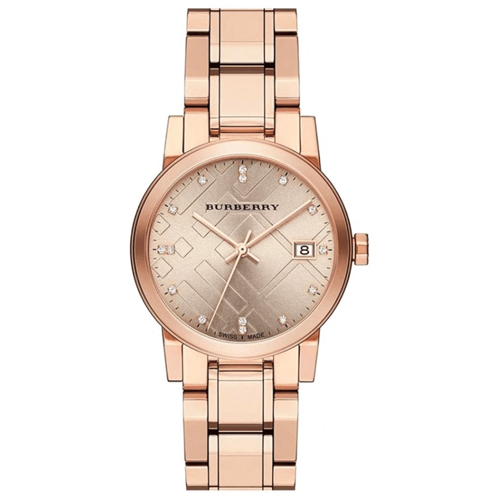 Burberry Ladies Watch Diamond Check Stamped Rose Gold PVD BU9126 - Watches & Crystals