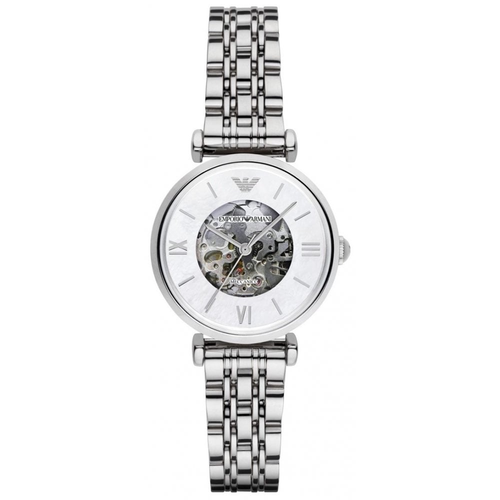 Emporio Armani Ladies Automatic Watch Meccanico Skeleton Silver AR1991 - Watches & Crystals