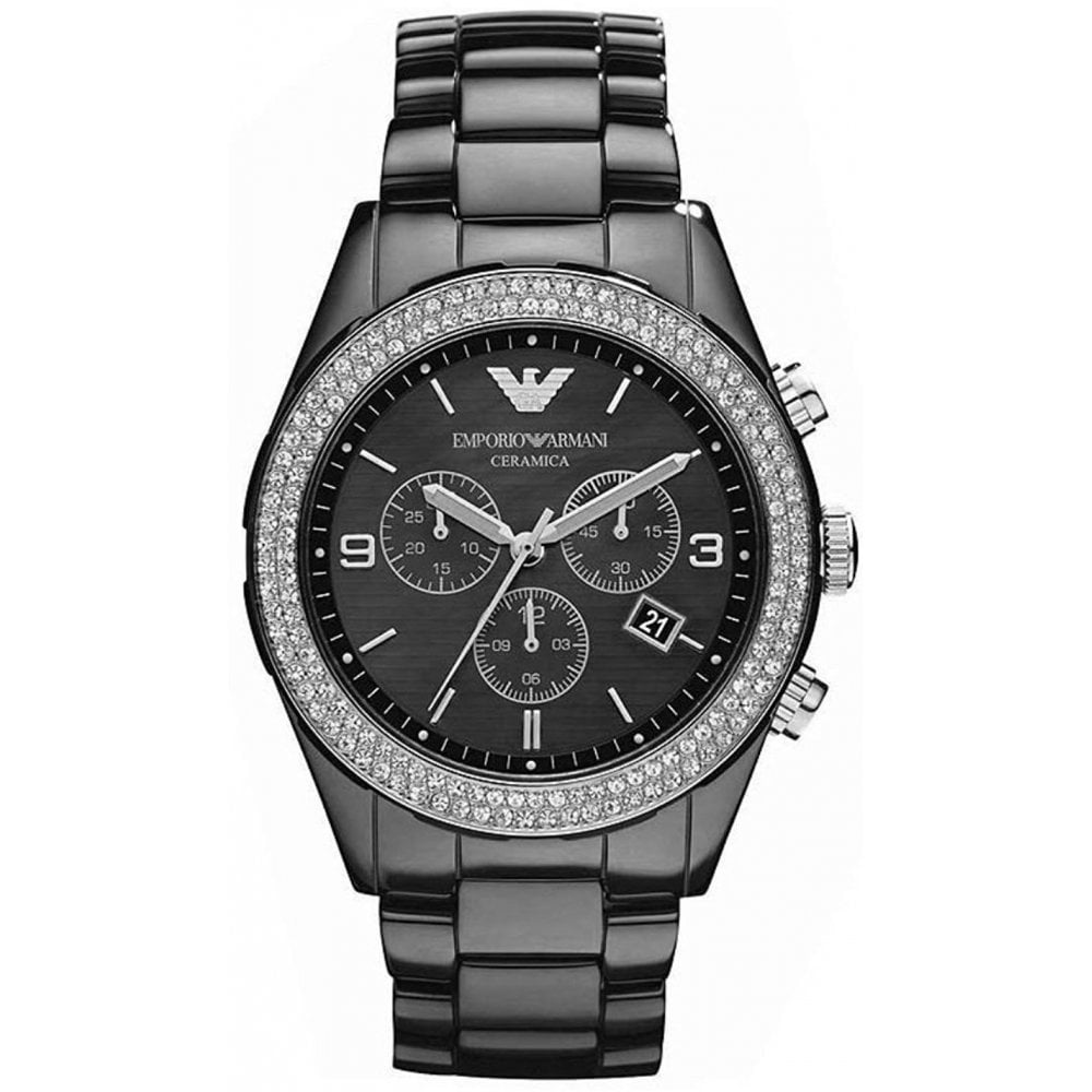 Emporio Armani Ladies Chronograph Watch Ceramica Crystal Black AR1455 - Watches & Crystals