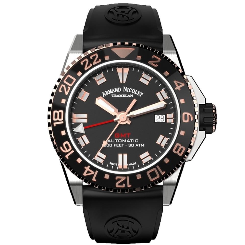 Title: Armand Nicolet JS9-41 GMT Stainless Steel Black Ceramic Bezel - Watches & Crystals