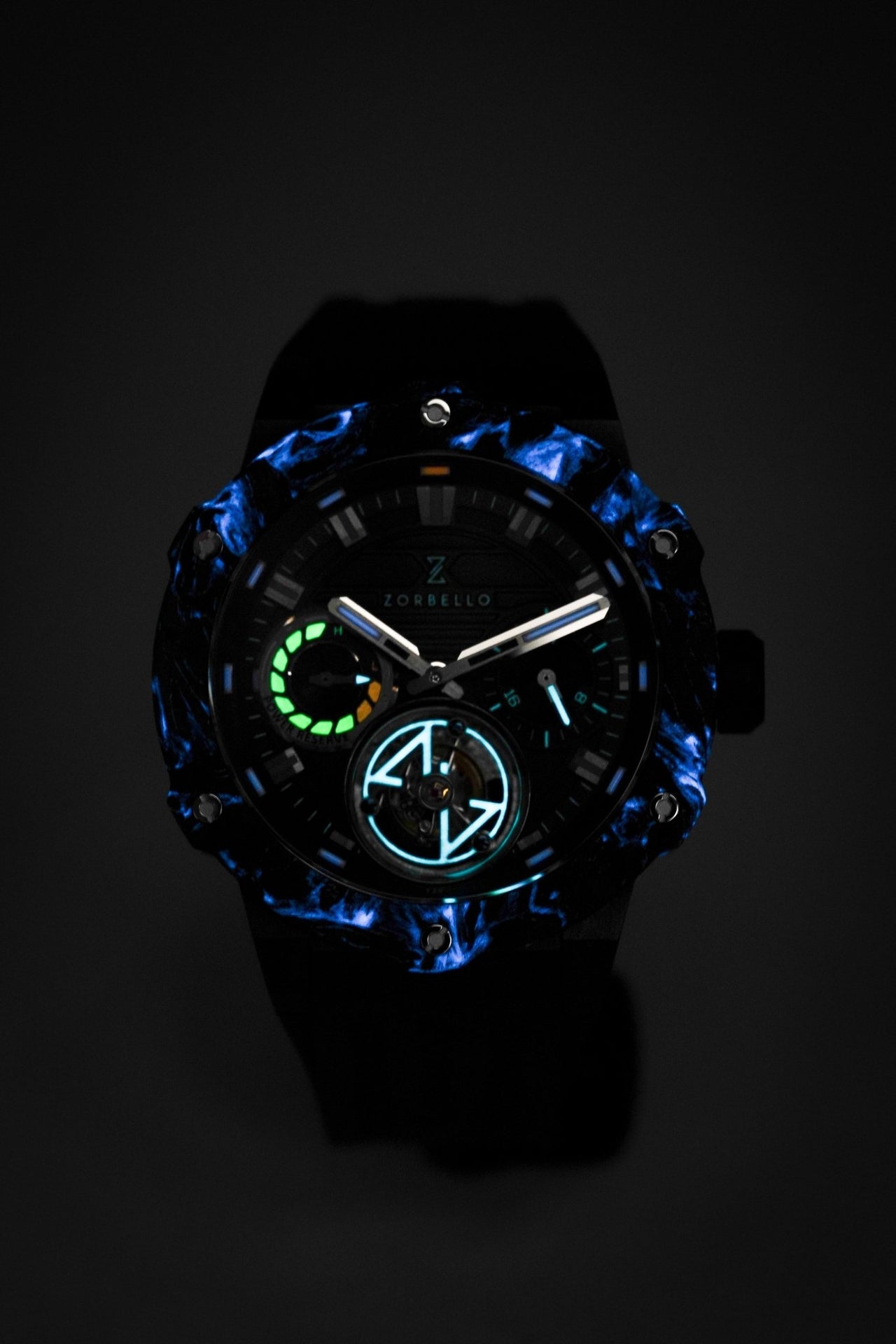& Tourbillon T3 Watch Super-Luminova® Tritium Watches Zorbello Crystals – Blue ZBAD004